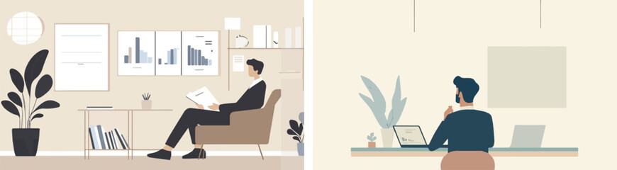 Businessman working in office analyzing financial charts and graphs vector illustration concept for web banner website page landing page template UI UX