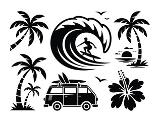 Black summer beach icon set, flat vector silhouette style, isolated on white