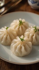 A close-up of freshly steamed shrimp dumplings (har gow) with translucent wrappers glowing from soft overhead light,
