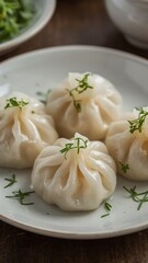 A close-up of freshly steamed shrimp dumplings (har gow) with translucent wrappers glowing from soft overhead light,