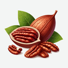 Vibrant graphic design of a pecan nut, a half-pecan with kernels, and several shelled pecan pieces displayed on a white background.