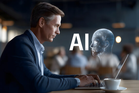 Professional businessman using artificial intelligence tools on laptop for data analysis and work efficiency