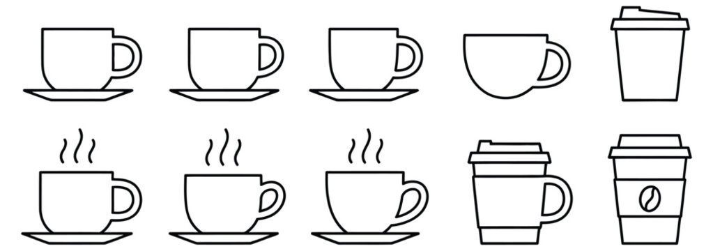 WebVector art of line art illustrations of various coffee cups and mugs, including takeaway options, depict different beverage styles isolated on white background