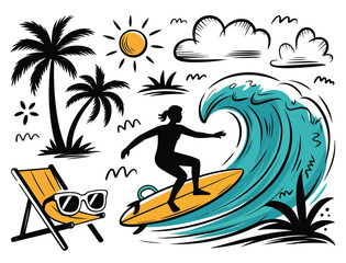 Surfer with Palm Trees Beach Silhouette