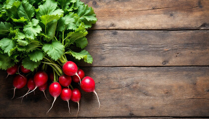 Top-down view of fresh red radishes on a rustic wooden table.