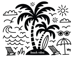Beach Vibes Silhouette Vector, Palm Trees, Waves, Sun and Summer Elements