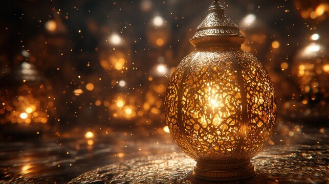 Ornate lantern, glowing warmly in a festive setting