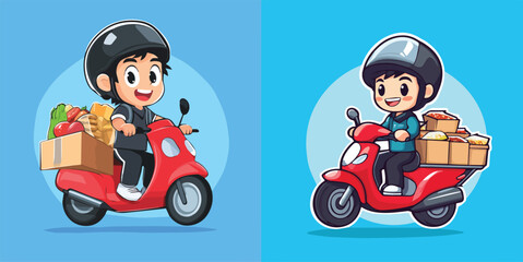 Naklejka premium Online Food and Grocery Delivery Service by Scooter with Courier Cartoon Character Vector Illustration Set for Delivery App, Website, or Advertisement