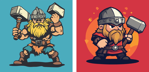 Two Viking Warrior Mascot Characters Holding Hammers Vector Illustration Set