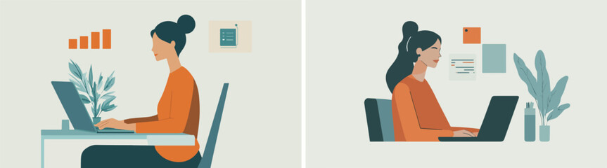 Woman working on laptop computer with rising graph and office accessories vector illustration concept of business work from home freelance online study and