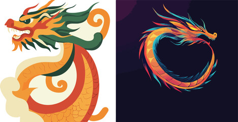 Fototapeta premium Chinese Dragon Vector Illustration Set Traditional Asian Mythical Creature Serpent Colorful Design for Tattoo Logo or Print
