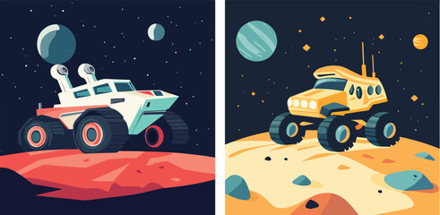 Space Rover Exploring Alien Planets Vector Illustration Set, Vehicles on Mars and Moon Surface, Cosmos Discovery Mission, Intergalactic Travel, Science