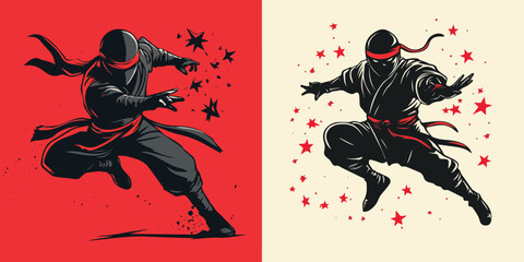 Ninja in action pose with stars background vector illustration concept for print web design banner poster sticker card and textile design © Hoody Baba