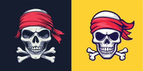 Fototapeta premium Pirate Skull with Red Bandana and Crossbones Vector Illustration Set on Dark and Yellow Backgrounds for Apparel or Merchandise Design