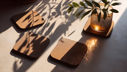 coasters with shadows and a plant
