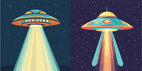 UFO Spaceship Flying in Night Sky with Bright Searchlight Beam Vector Illustration Set for Science Fiction Poster or Game Design Element © Hoody Baba