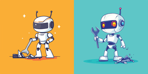 Cute white robots with antennas working and holding a wrench vector illustration isolated on solid background concept for web design banner poster sticker