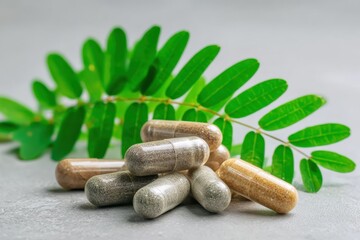 Herbal supplement capsules beside green leaves on natural gray surface