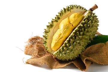 Fresh Durian Fruit or Durio zibethinus Opened on White Background .Exotic Tropical Thai King of Fruits
