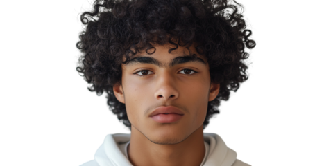 Portrait Of A Young Afro-American Man With Curly Hair: Serious Expression And Direct Gaze Against A White Background