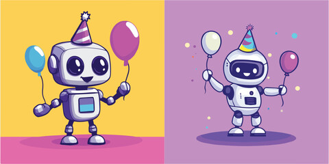 Cute Robot Holding Balloons Birthday Celebration Vector Illustration Set Ideal for Party Invitations Greeting Cards Decorations and Festive Designs