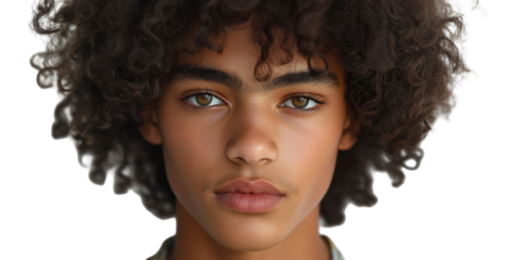 Portrait Of A Young Afro-American Man With Curly Hair: Serious Expression And Direct Gaze Against A White Background
