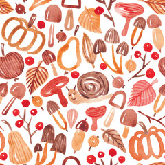 Fall nature seamless pattern. Fun seasonal design hand drawn with watercolor in cute kid style. Autumn plants background for textile, fabric, wallpaper, packaging