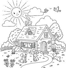 Children's coloring page of a cute country house on a sunny day with a dog and rabbits playing outside.