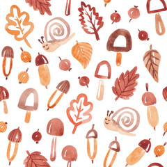 Fall nature seamless pattern. Fun seasonal design hand drawn with watercolor in cute kid style. Autumn plants background for textile, fabric, wallpaper, packaging