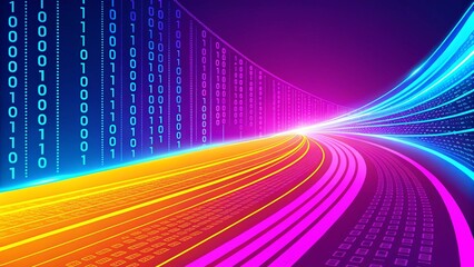 Abstract image of flowing digital data streams and binary code, with a futuristic feel and neon blue and purple tones, representing technology and innovation.