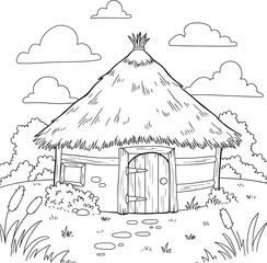 Black and white illustration of a rustic round hut with a thatched roof for a coloring book. A simple 'ancient dwelling' in a rural landscape.