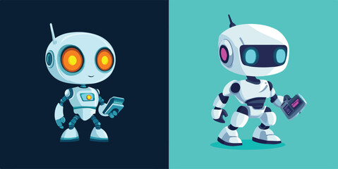 Cute Robot Holding Smartphone and Remote Control Vector Illustration Set