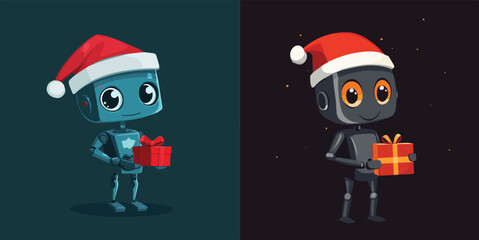 Cute Robot Holding Christmas Gift Vector Illustration Set on Dark and Light Backgrounds Perfect for Holiday Greeting Cards and Festive Designs