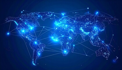 Glowing blue world map with interconnected nodes, representing global network