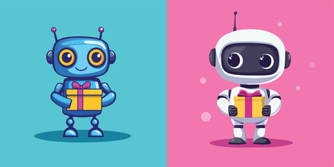 Cute Blue and White Robots Holding Gifts Vector Illustration on Pink and Blue Backgrounds