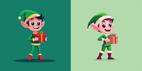 Christmas Elf Holding Gift Box Vector Illustration Set Isolated on Green Background Perfect for Christmas Greeting Cards Invitations Posters Banners and