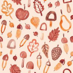 Fall nature seamless pattern. Fun seasonal design hand drawn with watercolor in cute kid style. Autumn plants background for textile, fabric, wallpaper, packaging