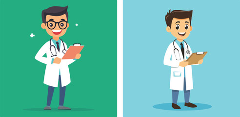 Smiling doctor holding medical record clipboard professional physician man character vector illustration isolated on white background concept for hospital