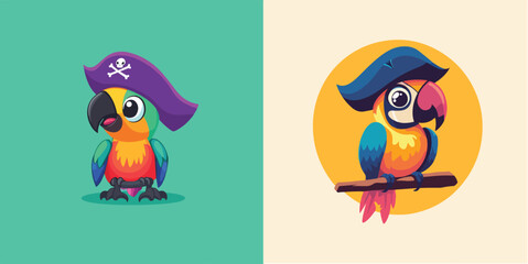 Cute cartoon colorful parrot in pirate hat vector illustration set isolated on white and green background for print web design banner poster sticker card