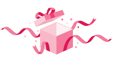 Open pink gift box with ribbon and sparkles in flat design  