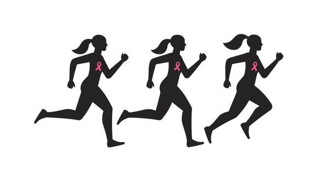 Silhouette of three women running with pink ribbons for awareness