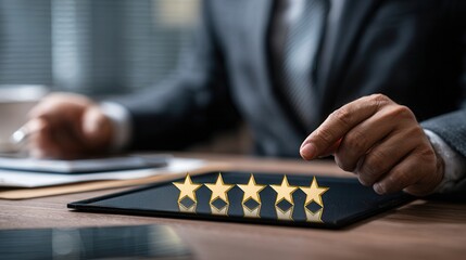 Fototapeta premium High quality photo of user giving 5 star for a good service or product. Review from a businessman, rating the level of satisfaction and general result in management, business or.