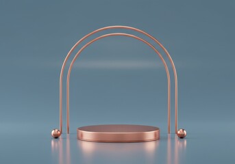 Minimalist Rose Gold Archway Podium with Spheres on a Reflective Surface