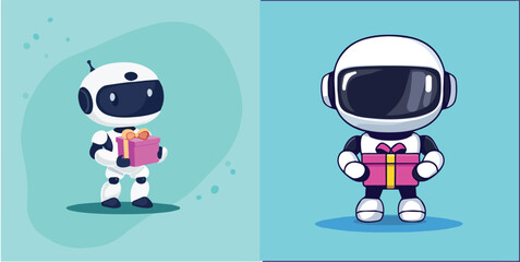 Cute Robot Holding Gift Box Vector Illustration Set Ideal for Birthday Greeting Cards Invitations and Children Products Designs