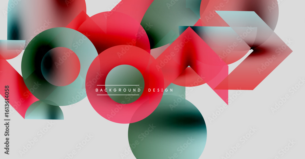 Poster abstract geometric shapes overlap, creating vibrant color gradients. design features circles, triang