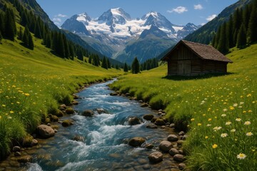 Idyllic mountain scene with a rustic hut and river, a beautiful landscape so perfect it looks like a panel from a scenic comic book.