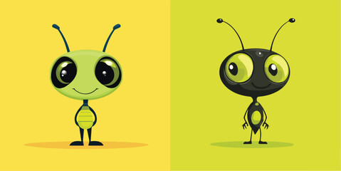 Cute Alien Cartoon Characters with Big Green Eyes and Antennae Isolated on Yellow and Green Backgrounds Vector Illustration for Kids Products and Designs