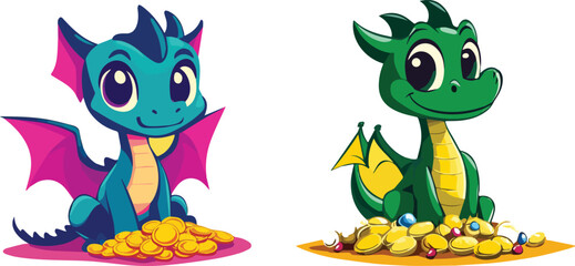 Fototapeta premium Two Cute Cartoon Dragons Guarding their Treasure Piles of Gold Coins and Jewels Vector Illustration Isolated on White Background