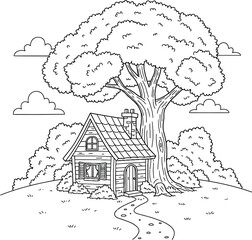 Charming rustic cabin nestled under a large leafy tree on a hill. A black and white line art illustration for coloring books.
