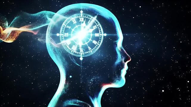 Abstract Cosmic Head with Clock in Brain and Smoke Floating in Starry Galaxy